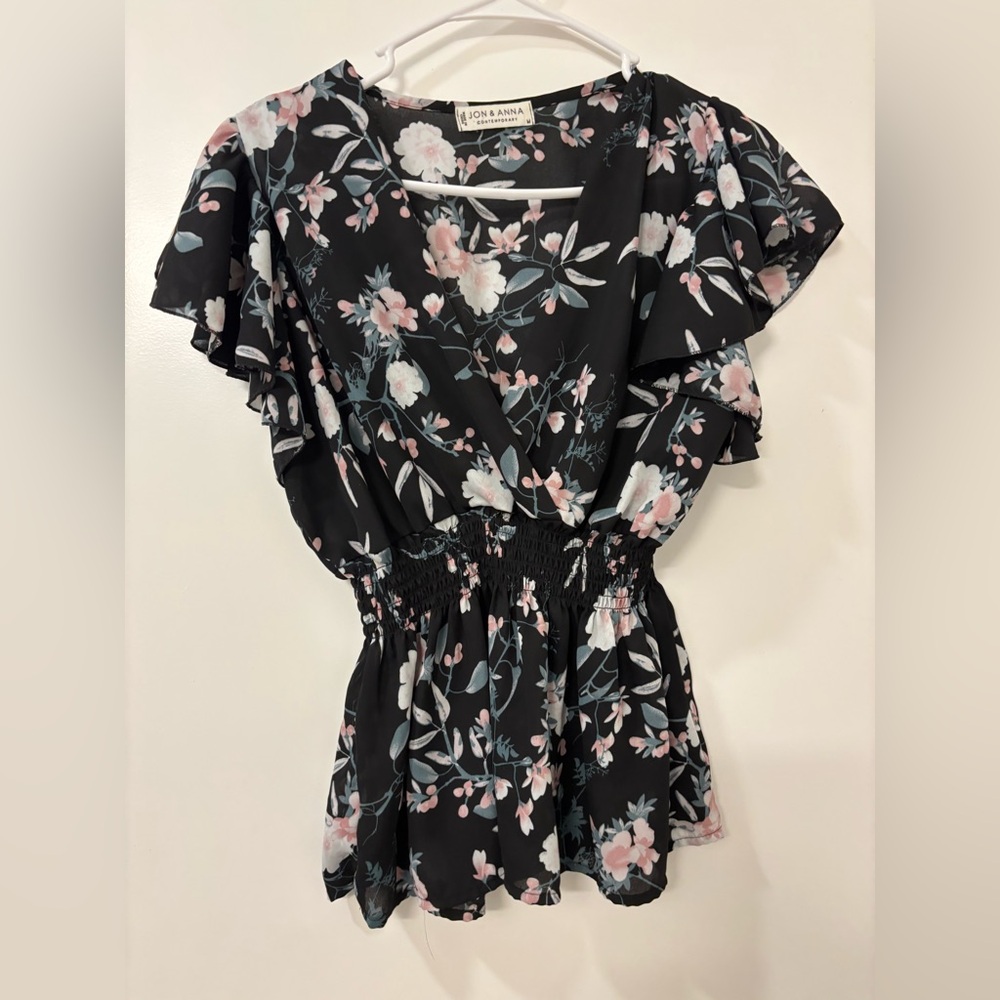 Jon & Anna Black and White Flutter Sleeve Wrap Blouse